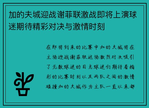 加的夫城迎战谢菲联激战即将上演球迷期待精彩对决与激情时刻