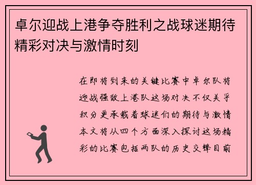 卓尔迎战上港争夺胜利之战球迷期待精彩对决与激情时刻