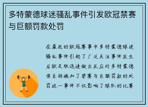 多特蒙德球迷骚乱事件引发欧冠禁赛与巨额罚款处罚