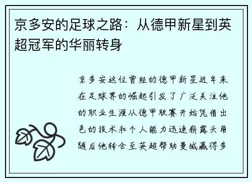 京多安的足球之路：从德甲新星到英超冠军的华丽转身