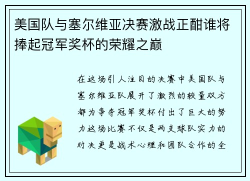 美国队与塞尔维亚决赛激战正酣谁将捧起冠军奖杯的荣耀之巅