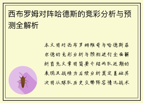 西布罗姆对阵哈德斯的竞彩分析与预测全解析