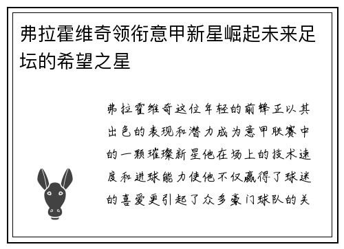 弗拉霍维奇领衔意甲新星崛起未来足坛的希望之星