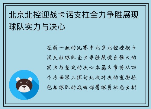 北京北控迎战卡诺支柱全力争胜展现球队实力与决心
