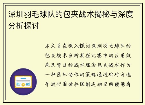 深圳羽毛球队的包夹战术揭秘与深度分析探讨