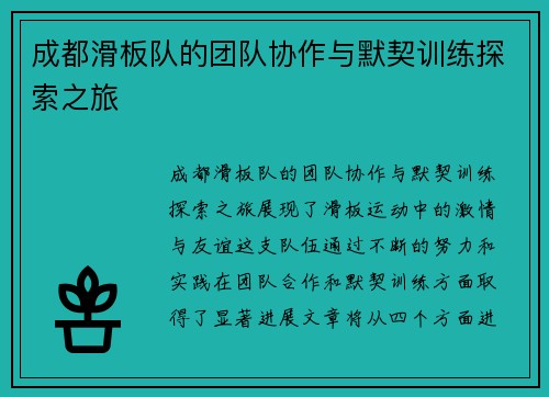成都滑板队的团队协作与默契训练探索之旅