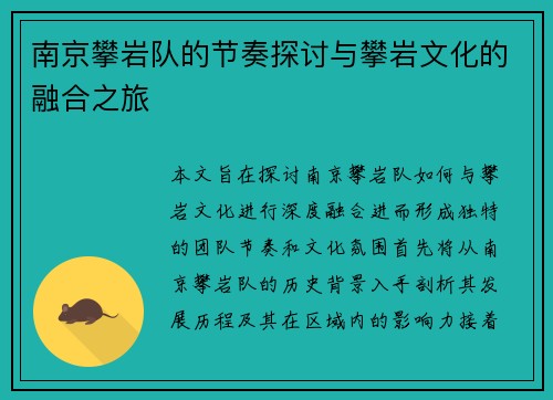 南京攀岩队的节奏探讨与攀岩文化的融合之旅