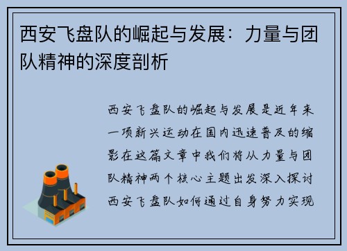 西安飞盘队的崛起与发展：力量与团队精神的深度剖析