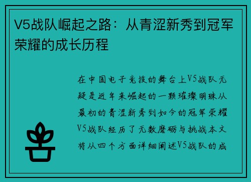 V5战队崛起之路：从青涩新秀到冠军荣耀的成长历程